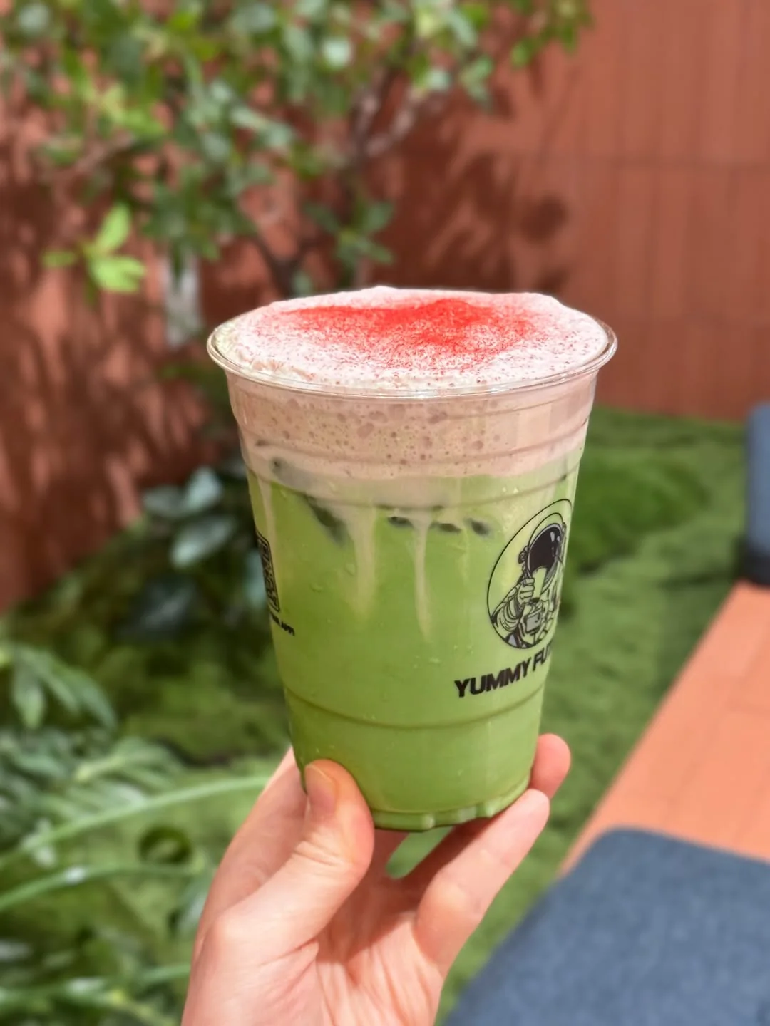 A strawberry matcha made at the Palo Alto shop