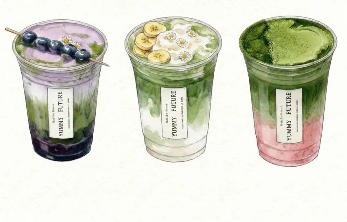 Watercolor painting of three iced matcha drinks in clear cups with vertical paper labels