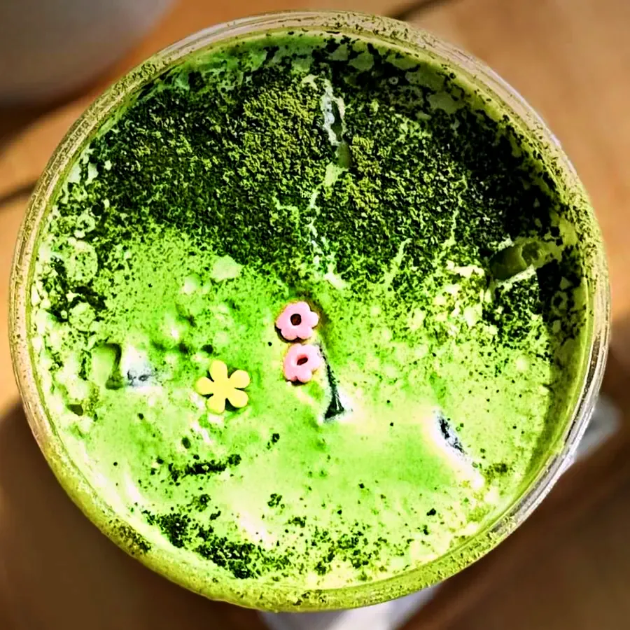 Strawberry Matcha Duo from above: matcha powder dusted over matcha cream, with small candy flowers