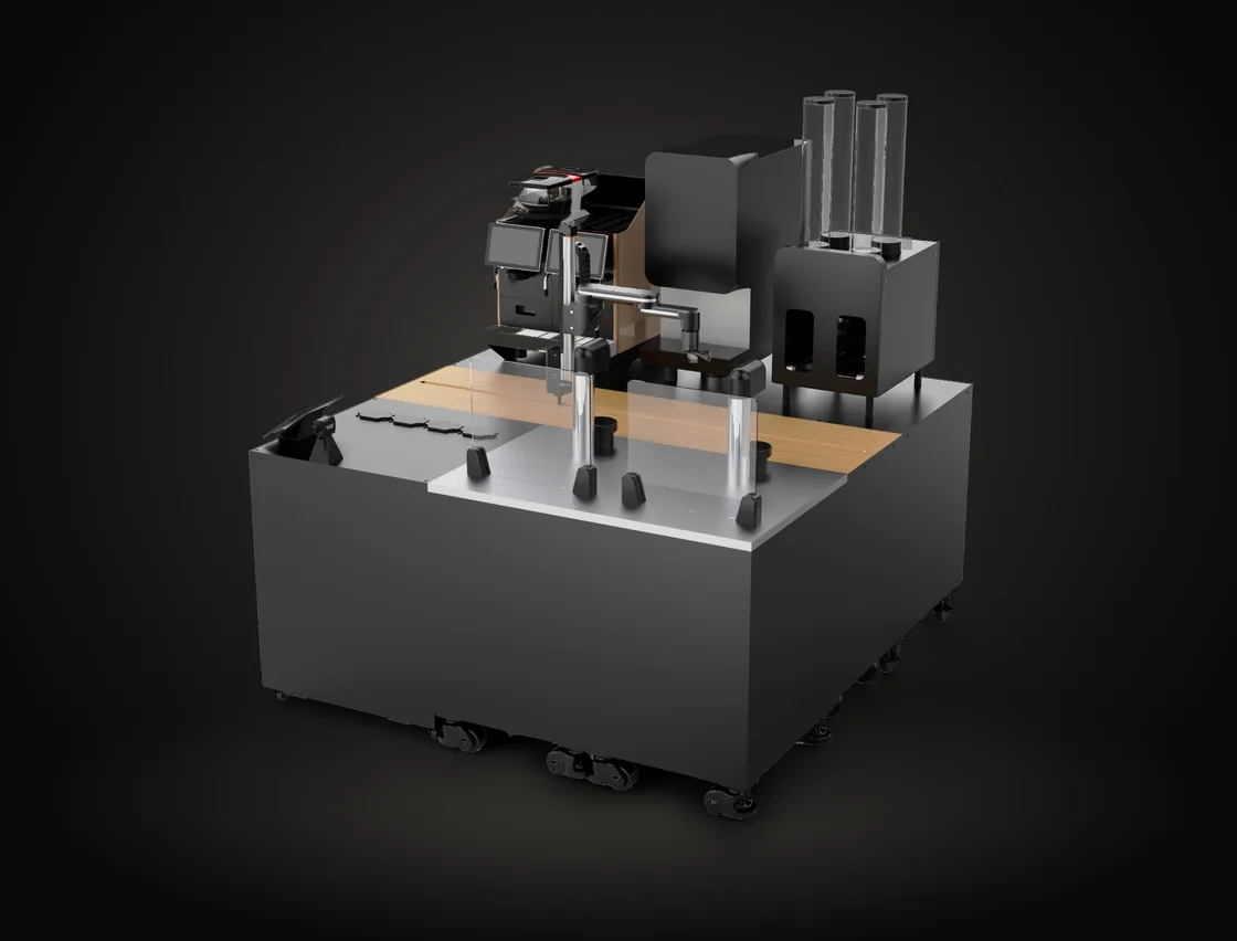 Future Max robot drink bar, three-quarter view: espresso machine, robot arm, dispensers and order screen on one black cabinet
