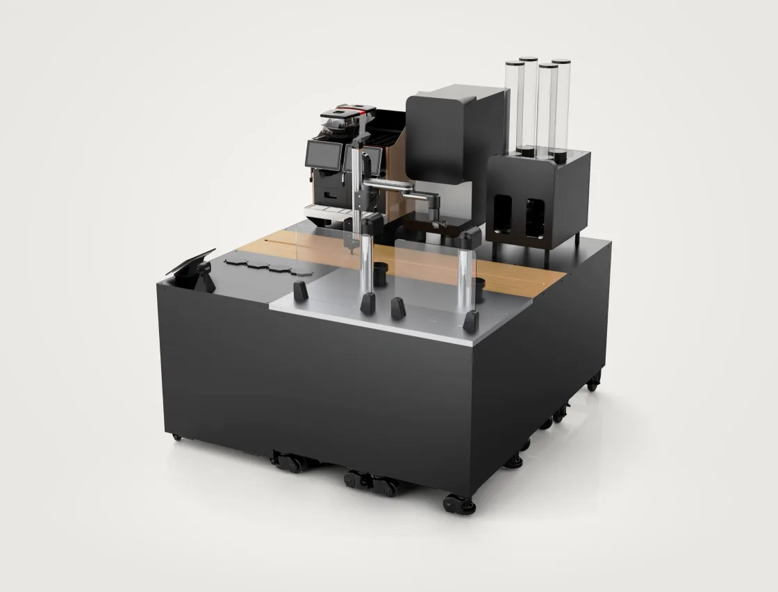 Future Max robot drink bar, three-quarter view: the arm, the stations and the order screen as one unit