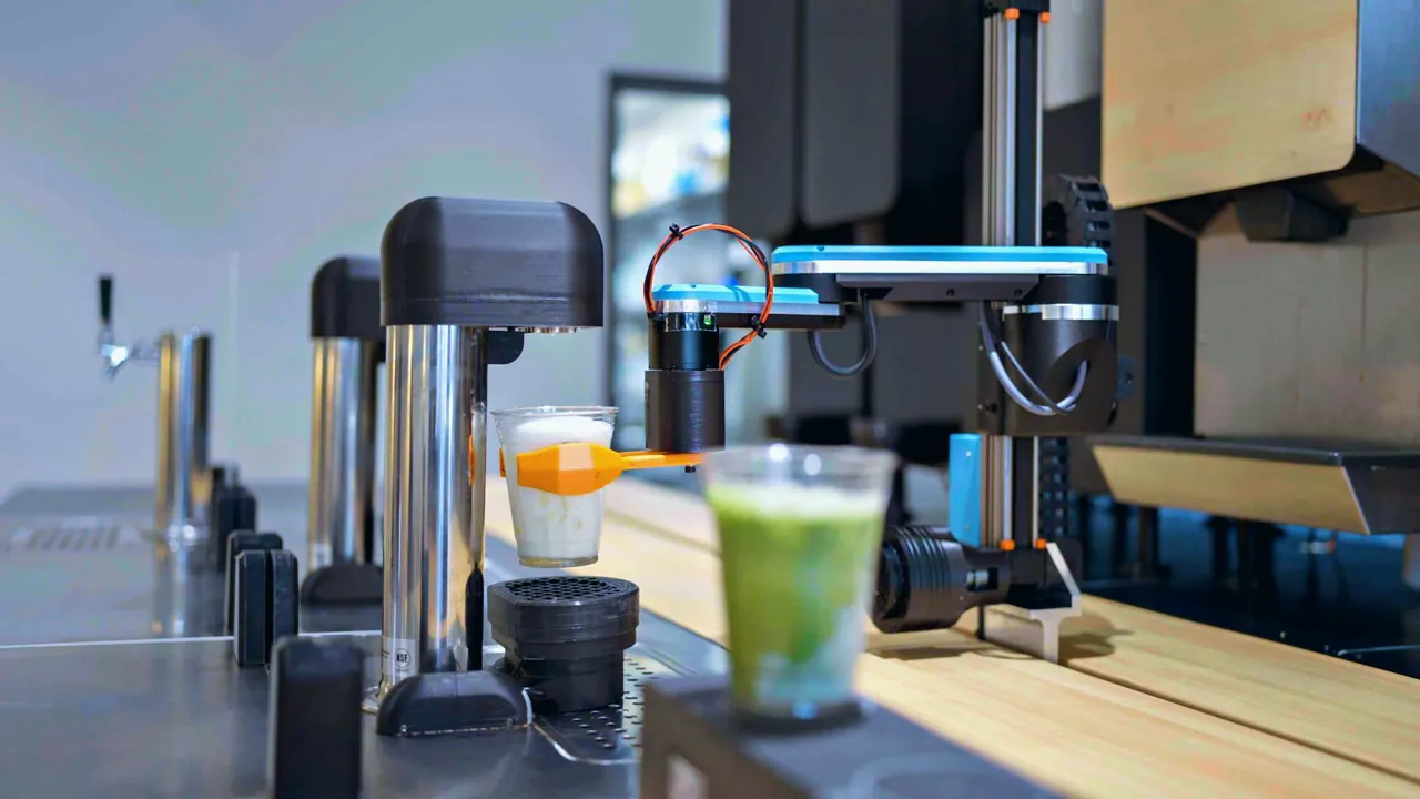 Side view of the arm next to a matcha drink and an orange drink on the bar